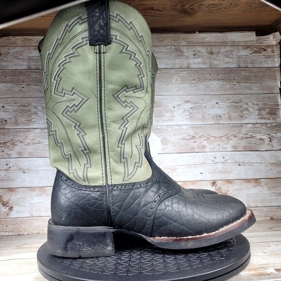 Durango Cowboy Western Boots Men\'s Size 8 Black Green Leather Round Toe Outdoor
